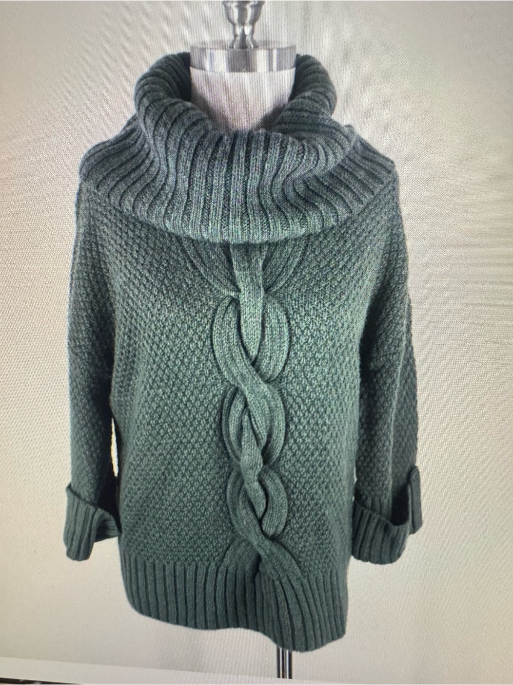TALBOTS DARK GREEN CABLE COWL NECK SWEATER, SIZE P